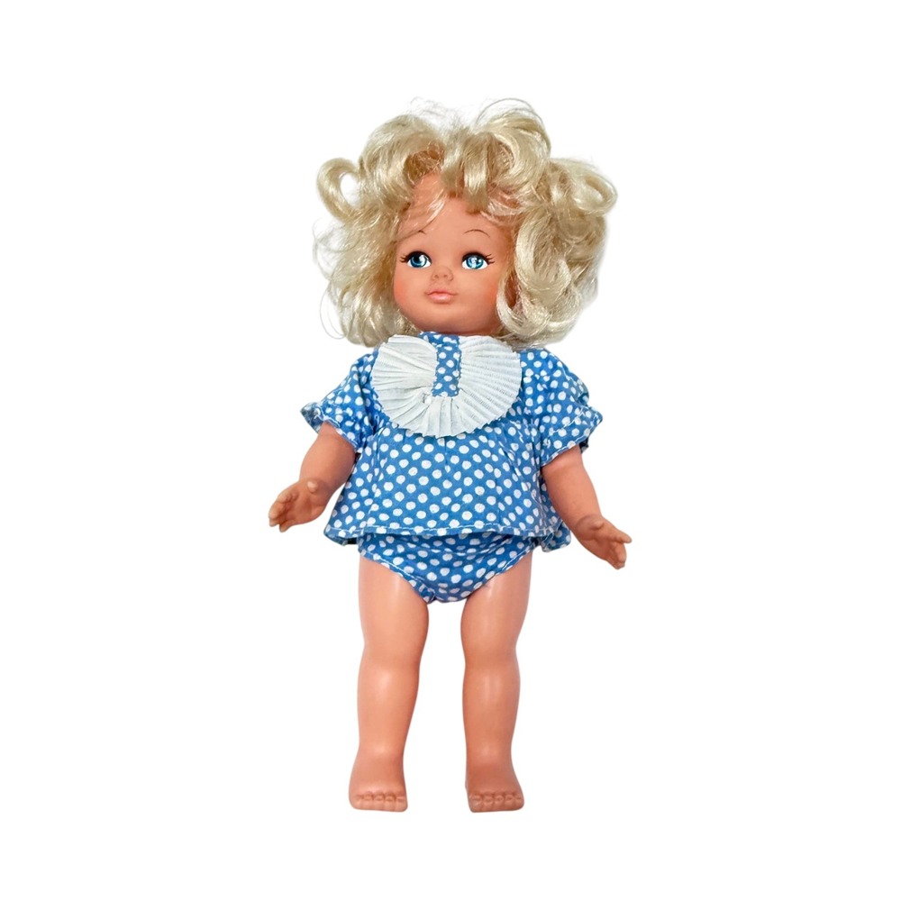 Baby Doll Blue Polka Dot Dress Blonde Hair Vintage MCM 12 Inch Hong Kong